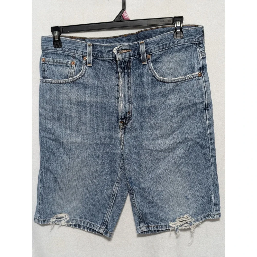 Levis 505 Regular Fit Denim Shorts Mens 34 Blue Medium Wash Distressed Cut Off